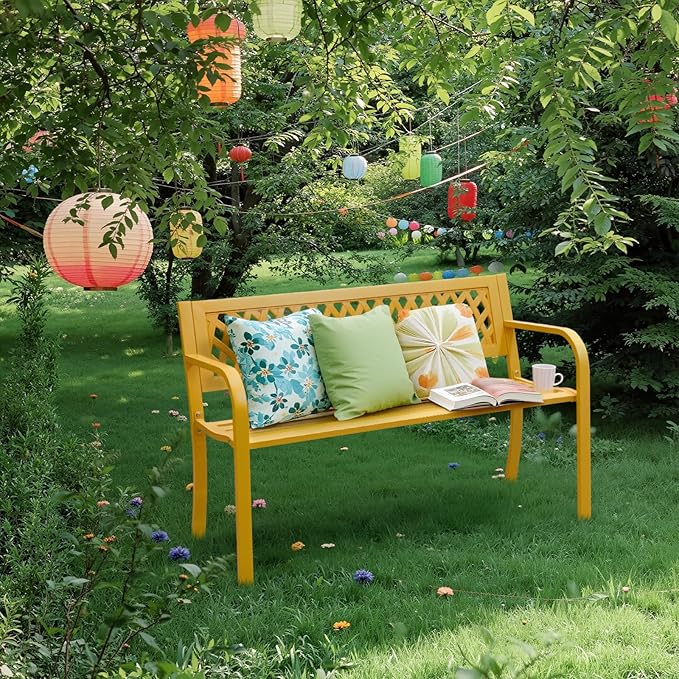 VINGLI 47'' Outdoor Bench, Weather Resistant Garden Patio Bench Powder Coated Iron Frame w/PVC Mesh Backrest Slatted Seat, 2-Person Outdoor Furniture for Front Porch Entryway Park (Yellow)