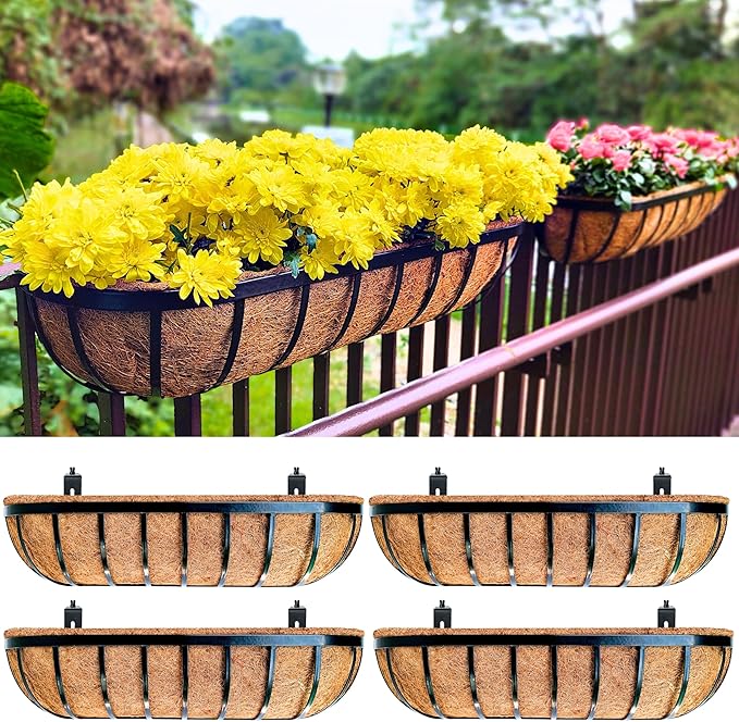LaLaGreen Railing Planter Boxes (4 Pack, 30 Inch) Black Metal Rectangular Flower Boxes with Coco Liner, Large Hanging Planters for Outdoor Plants Deck Over Rail Fence Balcony Porch Modern Garden Decor