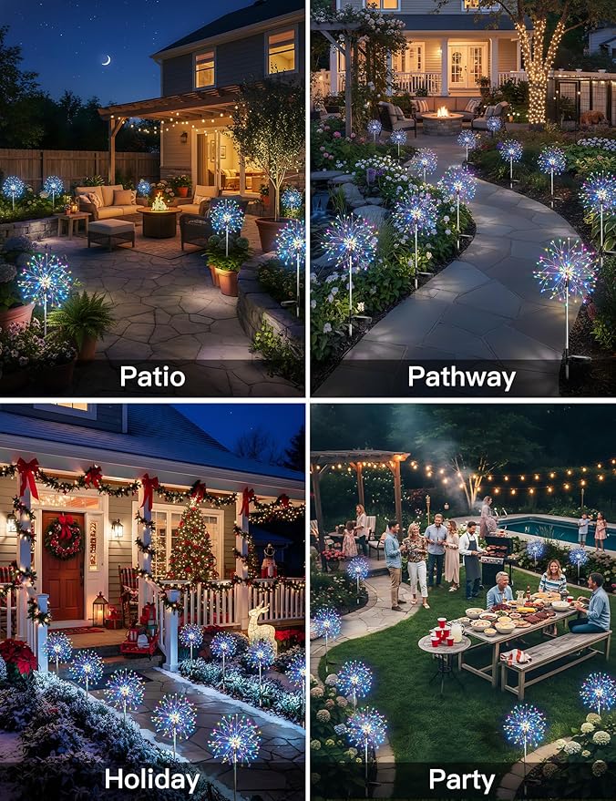 suddus Solar Garden Lights Outdoor Waterproof Decorative, 4Pack 150LED Firework Lights 8 Modes, Multicolor Solar Fairy Light for Yard, Patio, Pathway, Flowerbed Party Wedding Decor