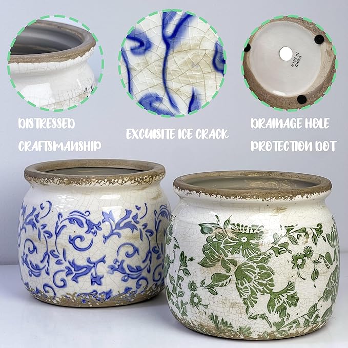 Flower Pot,Vintage Ceramic Pot for Planter with Drainage Holes, 6.29 inch Ice Crack Glazed Indoor Planters Pot for Indoor,Tuscan Home Decor,Gardening Gifts,Blue and White (Tropical)