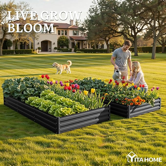 YITAHOME 8x4x1ft 2pcs Large Raised Garden Bed Kit, Galvanized Metal Planter Box with Gloves, Ground Nails & Safety Rubber, Outdoor Above Ground Planters for Plants Vegetables Flowers, Black
