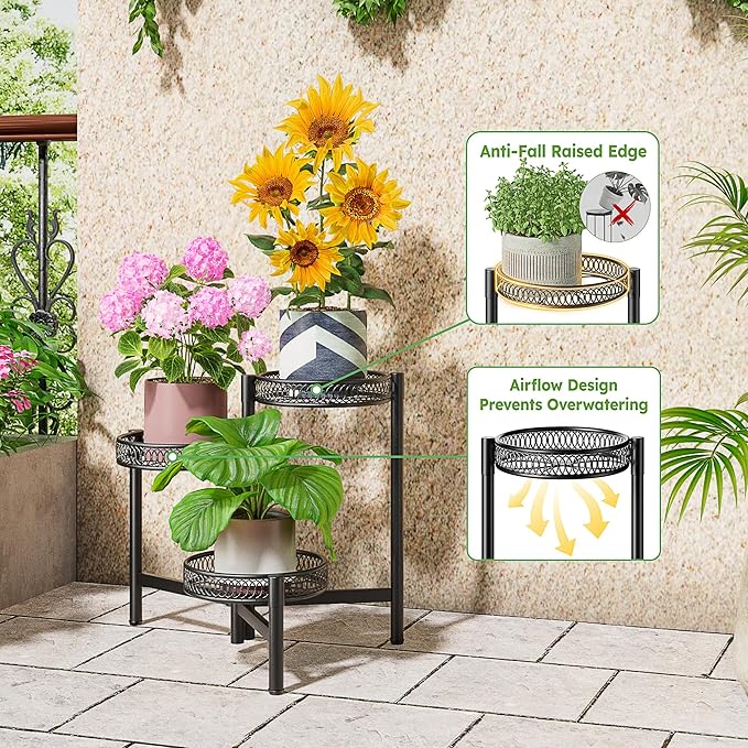 3 Tier Metal Plant Stand Indoor Outdoor, Corner Tall Plant Shelf for Multiple Plants, Foldable Heavy Duty Plant Holder, Decoration Flower Pot Stand for Patio Living Room Balcony Garden - BlackFlower