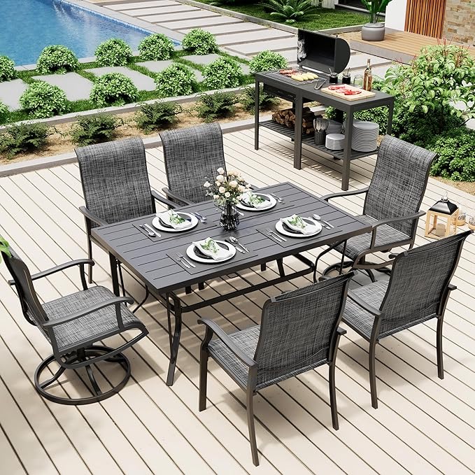 Pamapic 7-Piece Outdoor Dining Set, Patio Dining Set for 6, All-Weather Outdoor Patio Set with 2 Textilene Swivel Chairs & 4 Regular Chairs for Garden, Poolside, Deck，Gray