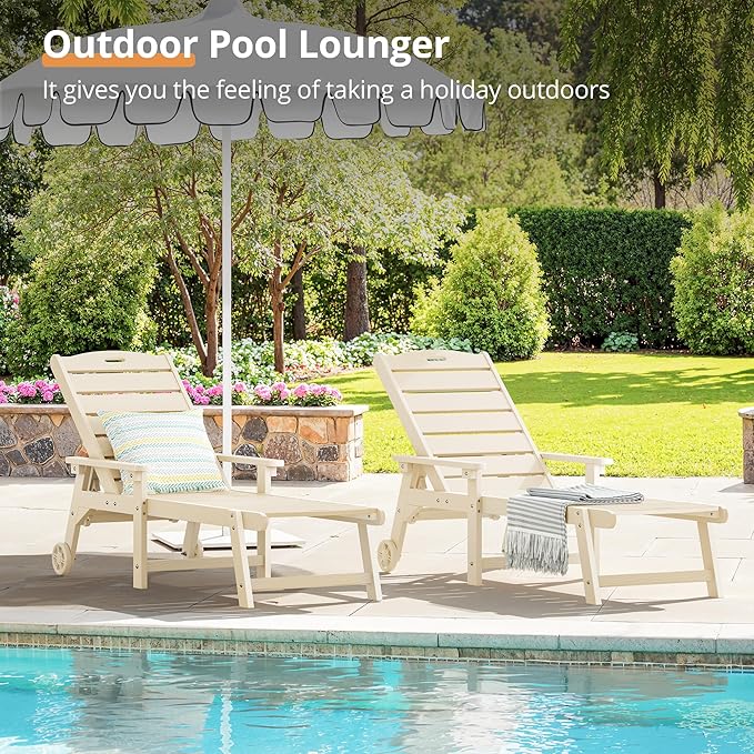 LUE BONA Chaise Lounge Chair with Table, 6-Piece, HDPS Chaise Lounger, 5 Positions Adjustable Lounge Chairs, Pool Lounge Chair with Wheels for Poolside, Backyard, Sand