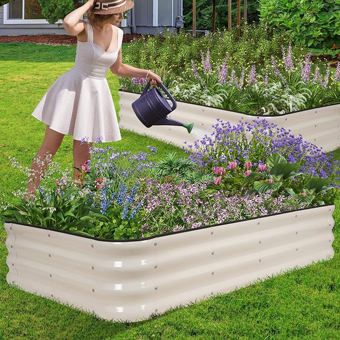 1MORE Raised Garden Bed -5X3X1 Galvanized Planter Box for Outdoor Gardening,4 in 1 Modular Raised Bed Kit with Protective Tape, Gloves for Herb，Ideal for Vegetables and Plants.White-2Pcak