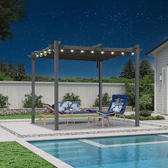 PURPLE LEAF 10' x 10' Aluminum Outdoor Pergola Modern Grape Trellis Retractable Pergola with Double Sun Shade Canopy Metal Pergola with Light for Patios Backyard Deck Garden, Grey