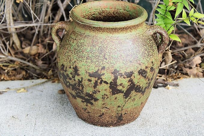 Egyptian Era Designed Earthen Ware Terra-Cotta Vessel/Planter with Looped Handles (Fat Belly Winter Green)