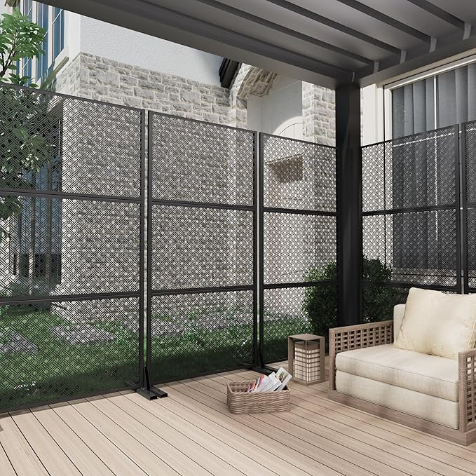 Casaphoria Metal Privacy Screen Outdoor, 72" H x 35" W Freestanding Decorative Privacy Screen for Patio Deck Balcony Garden with Stable Base, Jason- Black