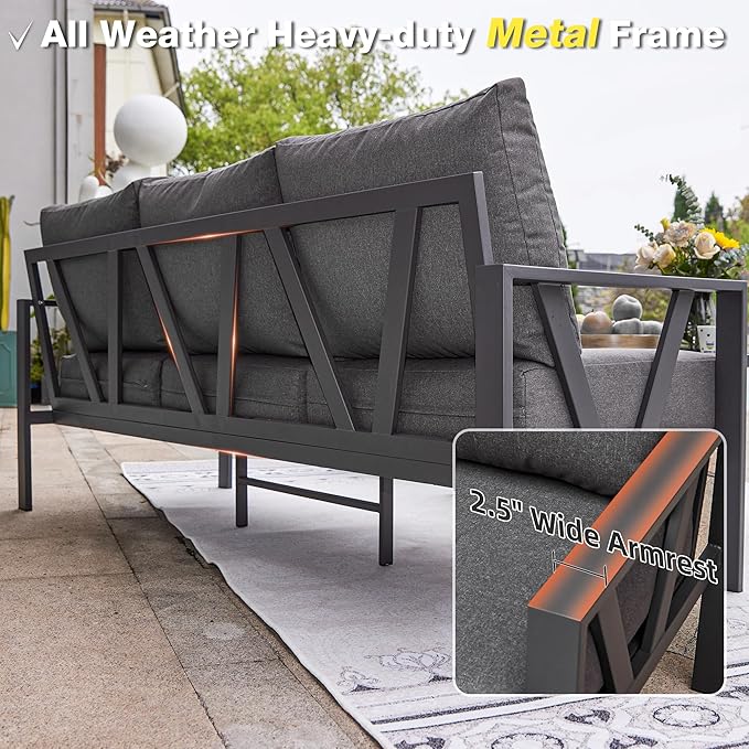 Outdoor Patio Furniture Set, 4 Pieces Metal Patio Furniture Set with Coffee Table, Modern Outdoor Conversation Seating with 6.5" Thick Cushions, Dark Grey