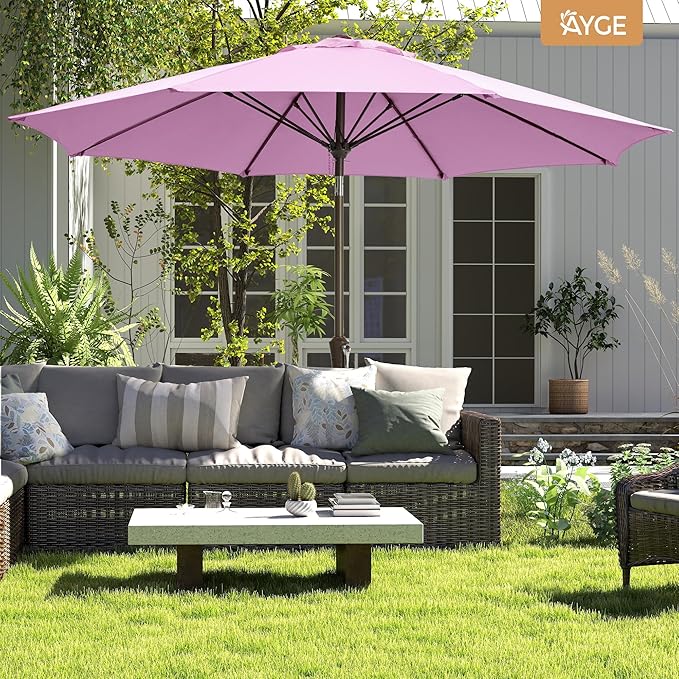 Ayge 9FT Large Outdoor Patio Umbrella Market Table Umbrella-UV Resistant, Easy Push Button Tilt and Crank, 8 Sturdy Fiberglass Ribs Heavy-Duty Pool Umbrella for Deck, Backyard,Garden,Purple