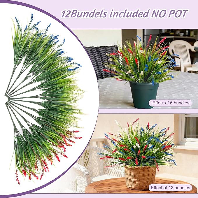 Artificial Faux Plants for Outdoor Spring Decoration, 12 Pcs Fake Monkey Grass for Garden Porch Balcony Planters, Fake Flowers Shrubs UV Resistant No Fade Plants Greenery Bush (Red Blue White)