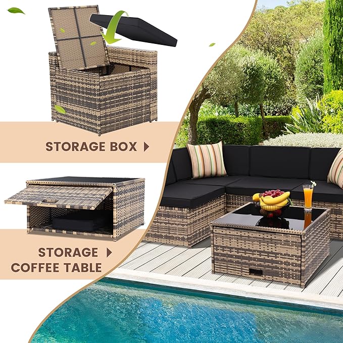 8-Piece Patio Furniture Set, Outdoor Wicker Rattan Sectional with Thick Cushions, Glass Top Table with Hidden Storage, Outdoor Conversation Set for Backyard, Porch, Patio, Black