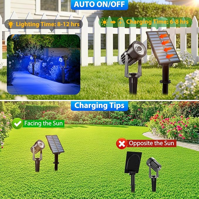 T-SUNUS Solar Spot Lights Blue Metal Outdoor Christmas Spotlights with 9.8ft Cable, IP65 Waterproof Separated Panel for Yard Driveway Pathway Pool Tree Patio Landscaping Wall Flag Trees Halloween