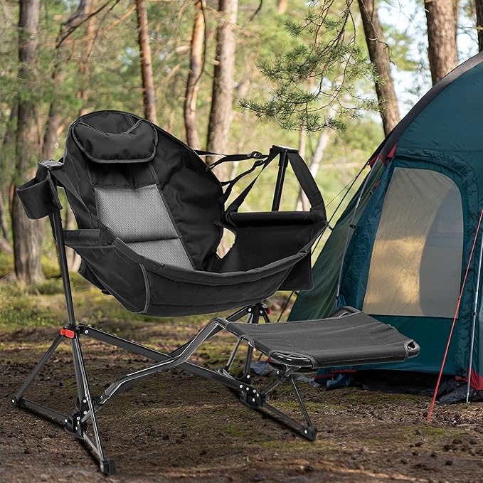 Ainfox Hammock Camping Chair with Footrest, Foldable Portable Rocking Chairs for Adults Outside Swinging Camp with Cup Holder Pillow for Outdoor Patio Poolside (Dark Black)