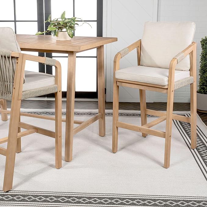JONATHAN Y BSL1200A-SET2 Porto Modern Coastal Tub Roped Acacia Wood Outdoor Bar Stool with Cushions and Armrests Modern, Coastal, Contemporary, Rustic, Garden Room, Patio, Beige/Light Teak (Set of 2)
