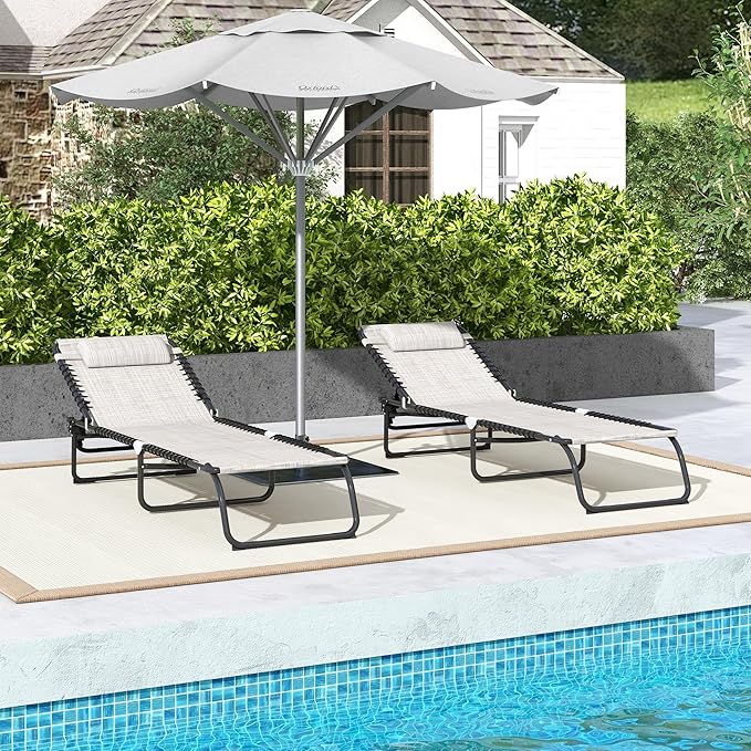 Outsunny Folding Chaise Lounge Chair Set of 2, Patio Sun Tanning Chair, Outdoor Chaise Lounger with 4-Position Reclining Back, Breathable Mesh Seat for Beach, Poolside, Cream