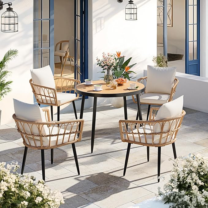 Pamapic 5-Piece Outdoor Dining Set, All-Weather PE Rattan Outdoor Furniture Set with Wood Table Top, Patio Dining Set with Cushion Chairs & Round Table for Garden, Lawn, Patio (Yellow & White)