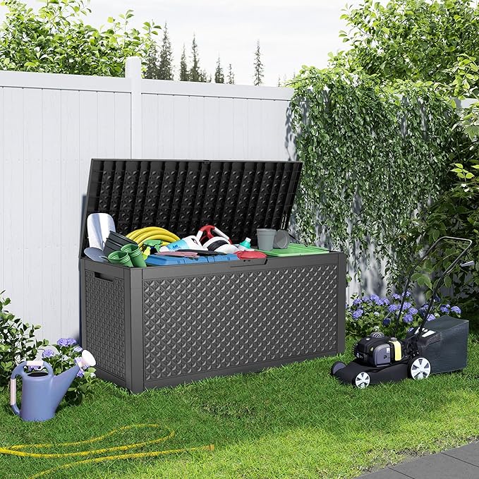 121 Gallon Waterproof Outdoor Storage Box,Resin Deck Box,Lockable Outside Storage Box Container for Patio Furniure,Garden,Pool Tools (121 Gallon,Black)