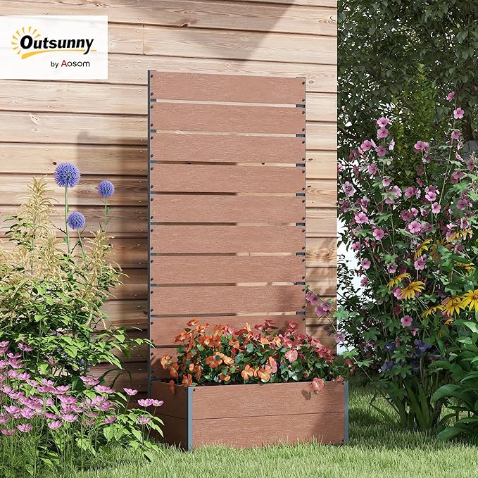 Outsunny Raised Garden Bed with Trellis for Climbing Plants, Planter Box with Self Draining Gap, Freestanding Trellis Planter for Outdoor, Patio, Deck, 28.25" x 15" x 59", Brown