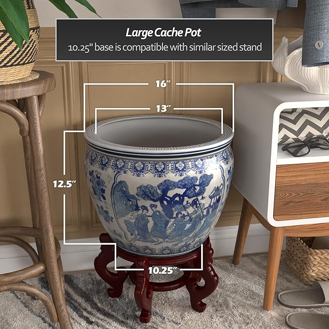 Red Lantern Oriental Furniture 16" Ladies Blue & White Porcelain Fishbowl, Large