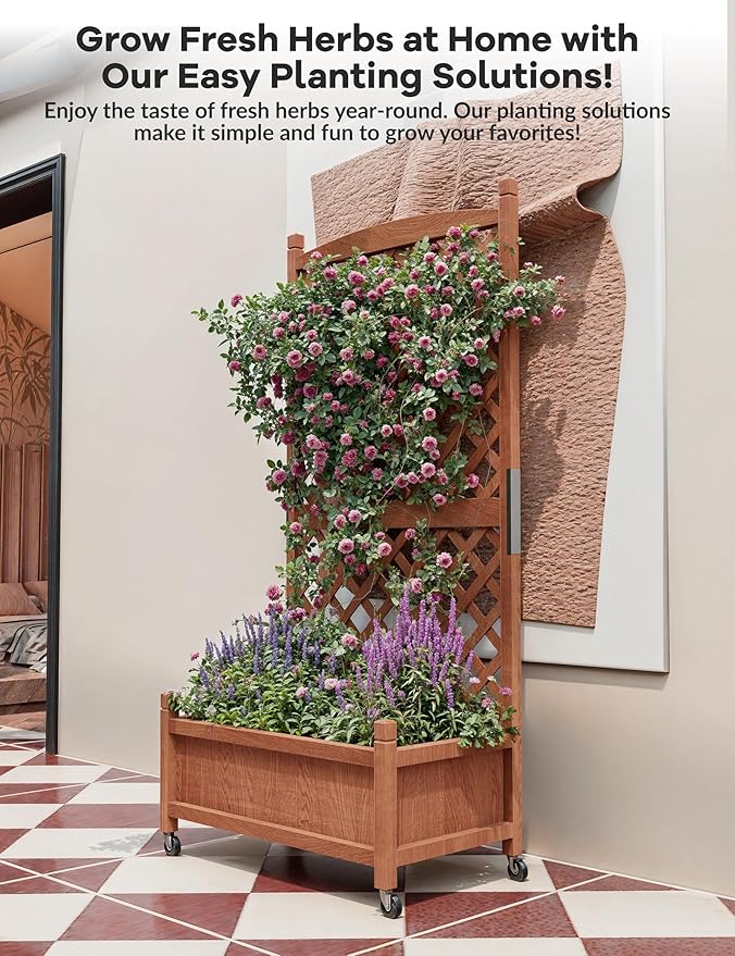 GarveeLife 2-Pack Tall Wood Planter Box with Trellis, 61.5" H Raised Garden Bed on Wheels, Vertical Stand Planter with Drainage Holes for Patio, Balcony & Outdoor Garden