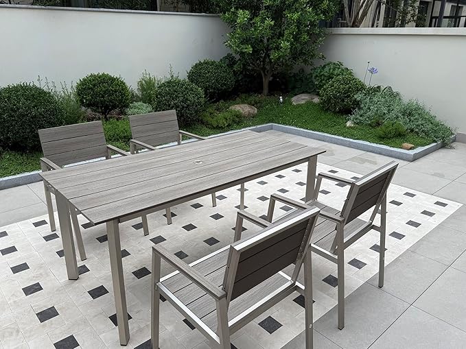 Aluminum Outdoor Dining Set for 6, Patio Table and Chairs Set with Umbrella Hole, 7 Pieces HDPS Outdoor Furniture Sets for Patio, Garden (Gray & Teak)