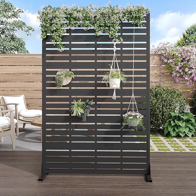 Casaphoria Metal Privacy Screen Outdoor, 72" H x 47" W Freestanding Decorative Privacy Screen for Patio Deck Balcony Garden with Stable Base, Black Adrian