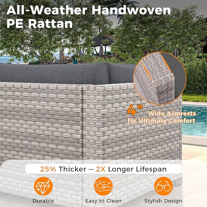 14-Seat Outdoor Wicker Patio Furniture Set with Fire Pit Table, Modular Rattan Sectional Sofa & 2 Swivel Rocking Chairs, 4" Thick Cushions, Rust-Resistant Frame,Black