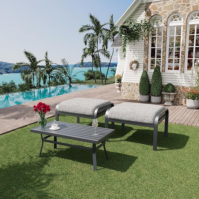 HOMREST Metal Outdoor Ottoman, 3-Piece Aluminum Footstool w/Removable Cushion, Multipurpose Footrest Stool with Coffee Side Table Additional Seating, Set of 3 Outdoor Ottomans for Patio Deck (Grey)