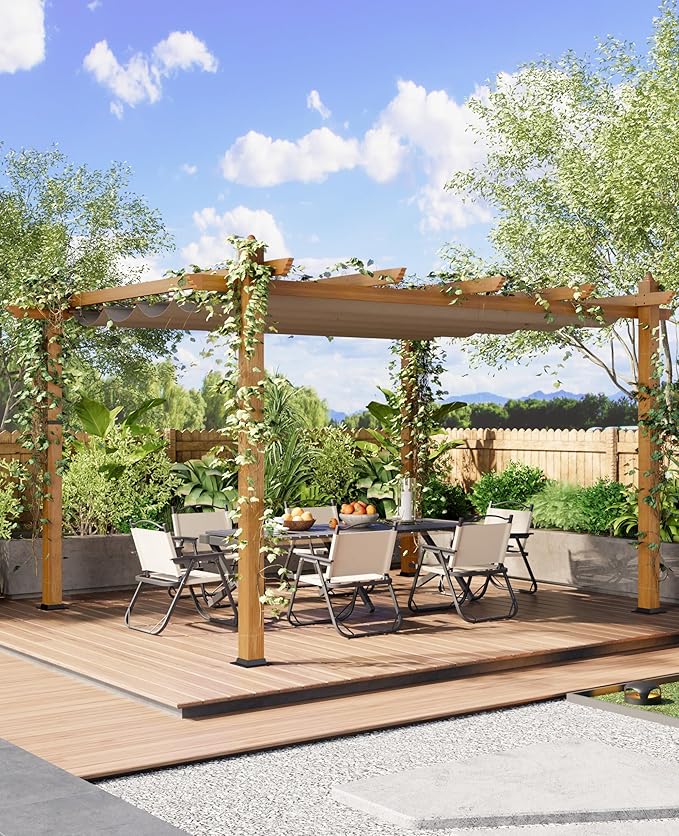 10 x 13 ft Aluminum Pergola with Adjustable Canopy, Outdoor Metal Pergola, Imitation Wood-Grain Sun Shade Shelter for Garden Patio Backyard Deck