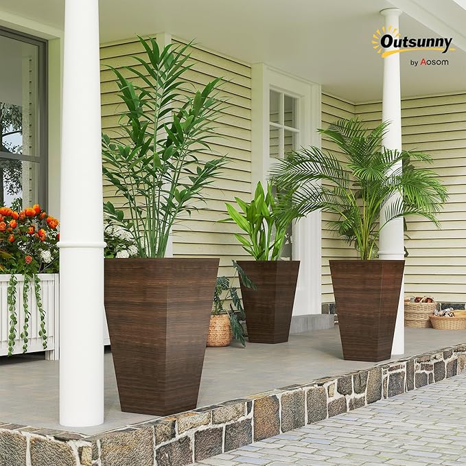 Outsunny Tall Planter for Outdoor Plants Set of 3, 28 Inch Taper Planter with Drainage Holes, Wood Grain Decor Garden Pot for Indoor Outdoor Porch Patio Backyard, Brown