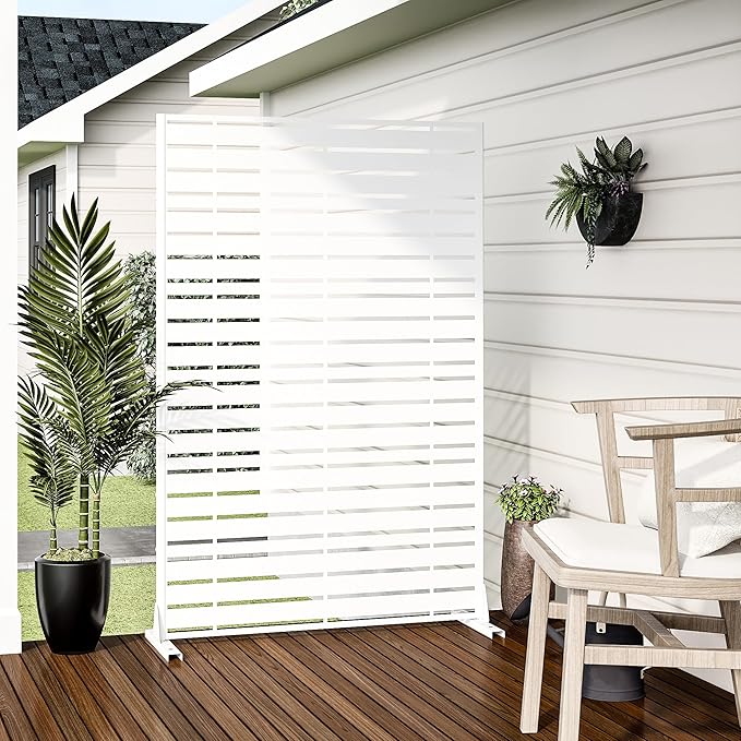 Casaphoria 72" H x 47" W Metal Privacy Screen, Outdoor Freestanding Decorative Divider for Patio, Deck, Balcony, and Garden with Stable Base, White-Adams