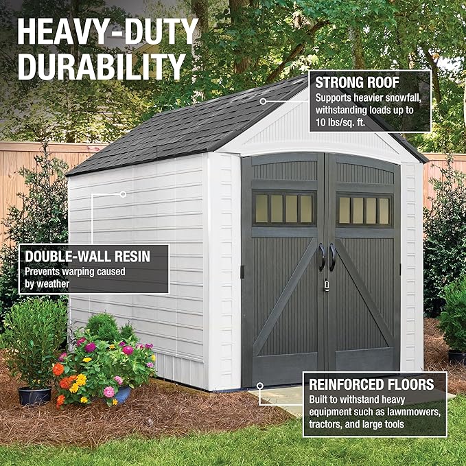Rubbermaid Resin Outdoor Storage Shed With Floor (7 x 10.5 Ft) Weather Resistant, White, Organization for Home/Backyard/Garden Tools/Lawn Mower/Bike Storage/Pool Supplies