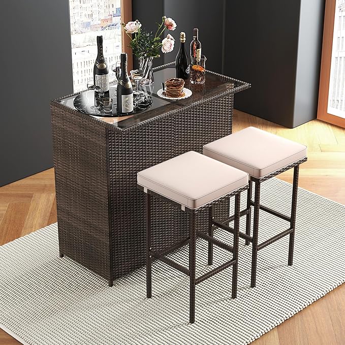 Tangkula 3 Piece Patio Bar Set, Outdoor Rattan Bar Table and 2 Stools with Tempered Glass Tabletop, 2-Tier Storage, Removable Cushions, Outside Wicker Conversation Set