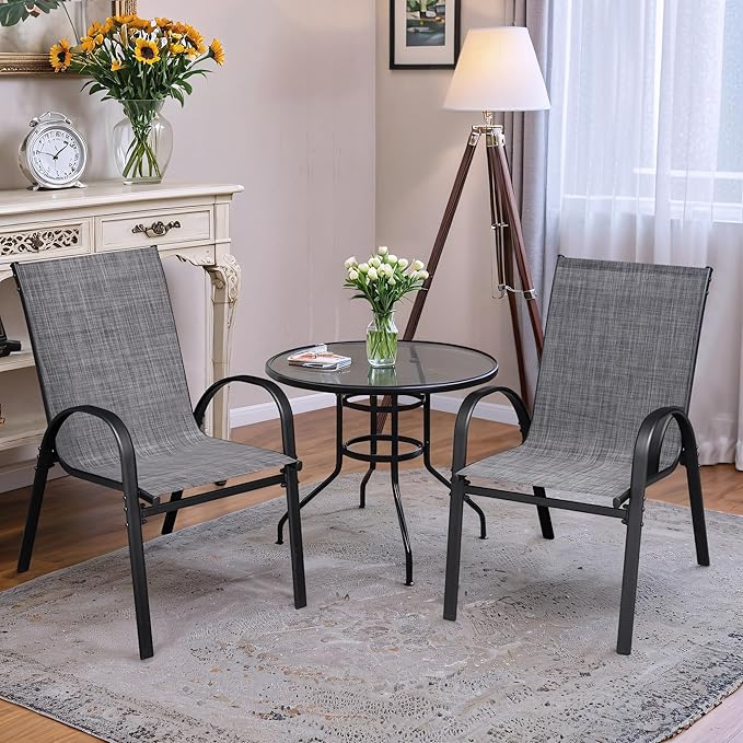 Flamaker Patio Chairs Stackable Dining Chairs Set of 4 Metal and Teslin Outdoor Chairs for Lawn Deck Balcony Porch (Grey)