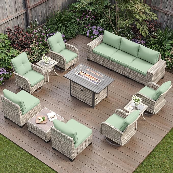 13-Piece Outdoor Patio Furniture Set with Rocking Swivel Chair, PE Wicker Rattan Sectional Sofa Patio Conversation Set with 55,000 BTU Fire Pit Table & Coffee Table, Light Green