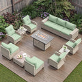 13-Piece Outdoor Patio Furniture Set with Rocking Swivel Chair, PE Wicker Rattan Sectional Sofa Patio Conversation Set with 55,000 BTU Fire Pit Table & Coffee Table, Light Green