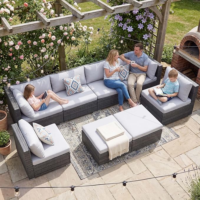 NICESOUL 8 Person Outdoor Patio Furniture Set, Extra Large Wicker Sectional Sofa with Ottoman, All-Weather Wide and Deep Seating Conversations for Outside Garden, 29.3'' High Back Comfy Couches,Grey