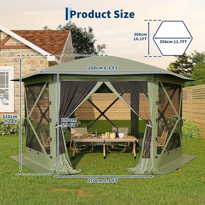 11.5x11.5FT 6-Sided Pop Up Gazebo Tent，One-Push Setup Canopy Tent with Mesh Panels & Removable Wind Cloths, Outdoor shelter for Camping, Backyard Parties, Outdoor Events - Army Green