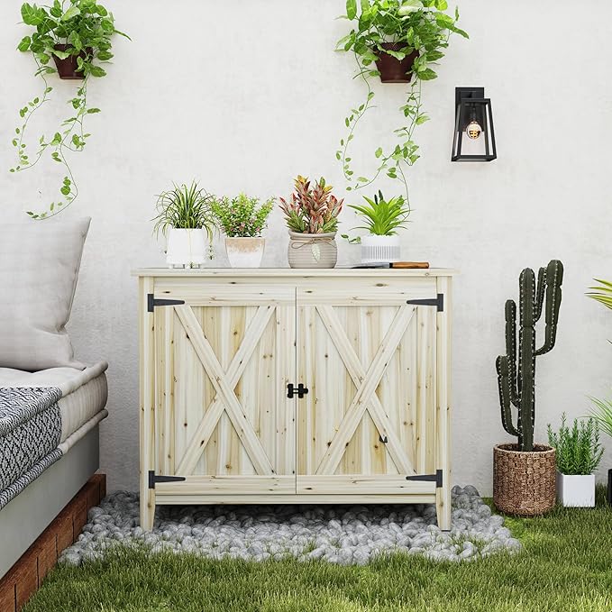 Outsunny Wood Garden Shed, Compact Outdoor Storage Cabinet Potting Shed with Inner Shelf and Double Doors for Backyard, Patio, Lawn, Natural Wood