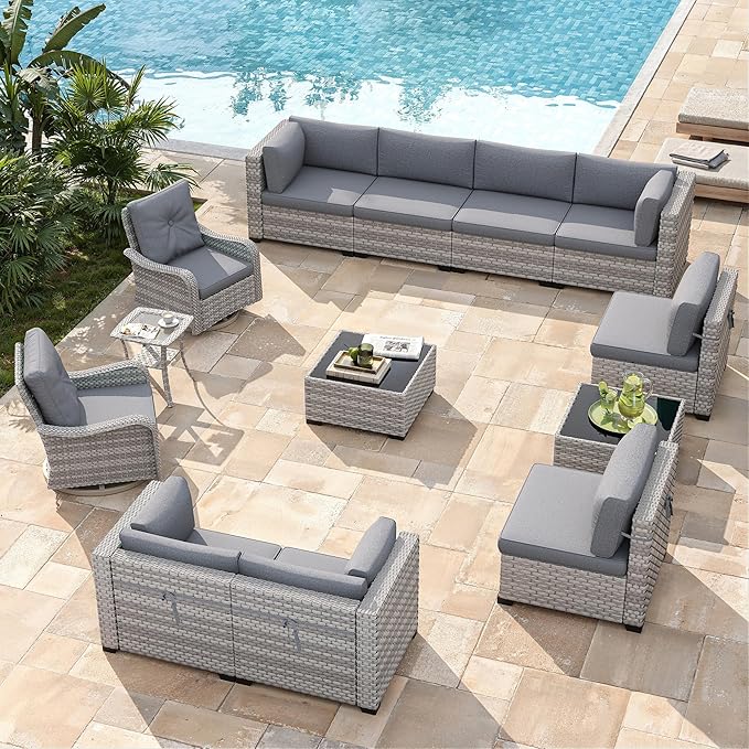 10-Seat Modern Patio Furniture Set with Swivel Rocking Chairs, Thick 4″ Cushions, Dual-Strand Wicker Rattan, Rust-Resistant Steel Frame – Outdoor Conversation & Modular Sectional,Gray