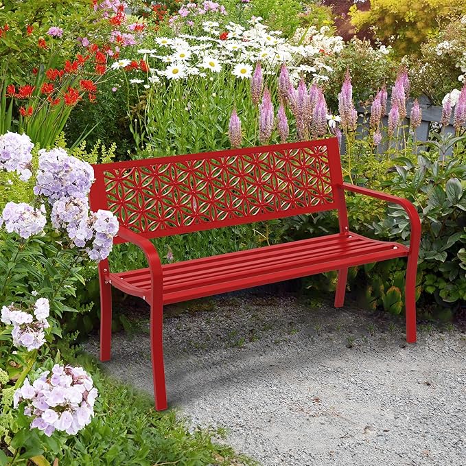 VINGLI 50" Outdoor Bench Metal with Floral Back, Garden Bench Front Porch Bench for Yard Patio Entryway Park Outside, 800lb Capacity - Red