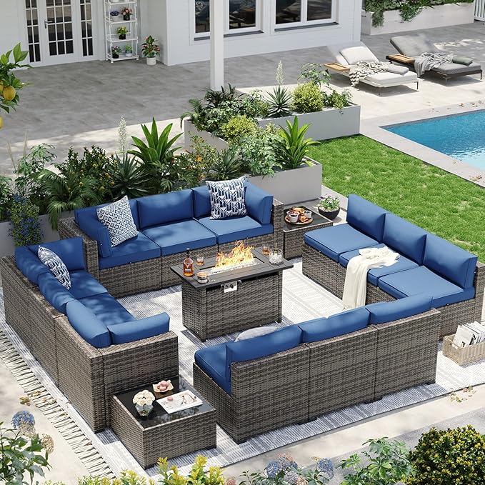 Aoxun Patio Furniture Sets, 15-Piece Outdoor Patio Furniture with 44'' Propane Gas Firepit Table, Wicker Outdoor Conversation Set Sectional Sofa for Backyard, Poolside, Garden