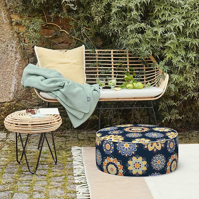 LVTXIII Inflatable Stool Ottoman Footrest with Handle, Decorative Fade-Resistant Foot Stool, Indoor or Outdoor Pouf for Home Garden and Camping Use, D21 x W 21 x H9, Bloom Medallion‌ Cobalt