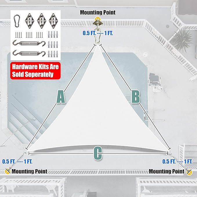 Amgo Custom Size 5' x 5' x 5' White Triangle Sun Shade Sail UPF50+ AGTAPRT12, Order to Make Canopy Awning, 95% UV Blockage, Water & Air Permeable, Commercial Standard (We Customize)