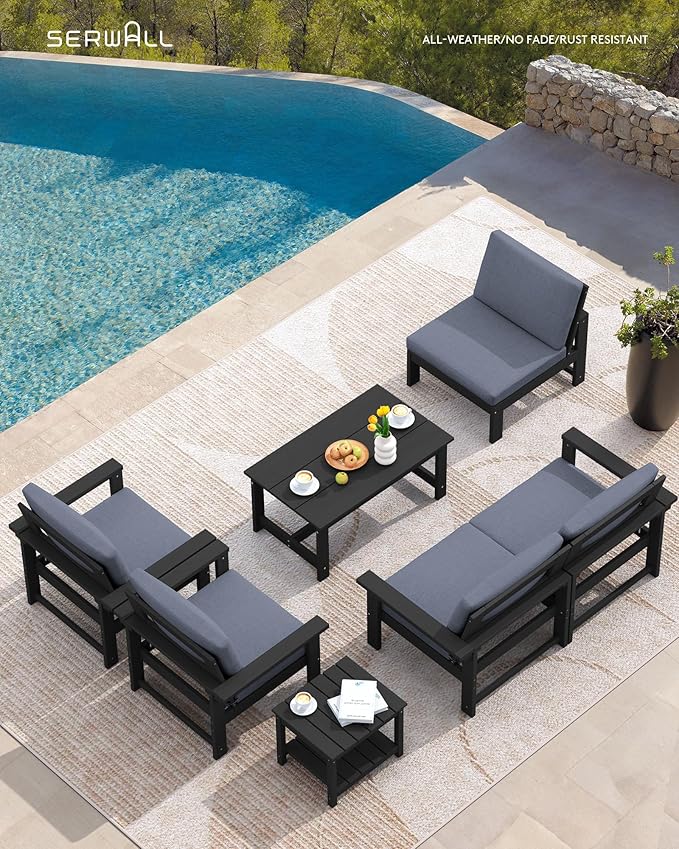 SERWALL HDPE Patio Conversation Set, 6-piece Sectional Outdoor Furniture Set, All Weather Outdoor Couch Set Patio Furniture Set for Deck, Lawn, Black Frame with Grey Cushion