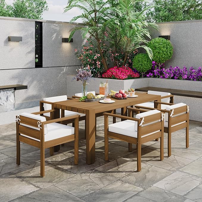 Merax 7-Piece Patio Dining Table Set,Outdoor Furniture Set with 72.8" Rectangle Table & 6 Chairs,Adjustable Leveling Feet,Umbrella Hole for Backyard,Garden, Poolside,Teak+ Beige
