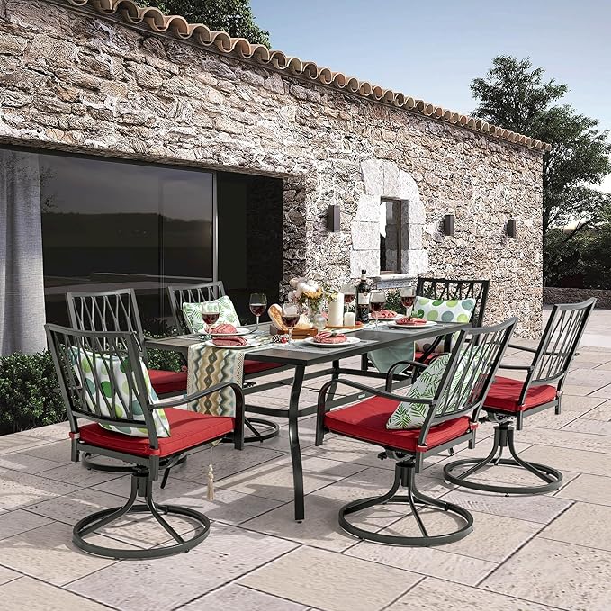 NUU GARDEN 7 Piece Outdoor Dining Set Rectangle Iron Patio Table with Umbrella Hole and 6 Swivel Chairs with Cushions Outdoor Furniture Set for Garden Backyard Black and Red