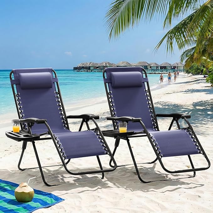 Homall Zero Gravity Chair Patio Folding Lawn Outdoor Lounge Gravity Camp Reclining Lounge Chair with Cup Holder Pillows for Poolside Backyard and Beach Set of 4 (Blue)