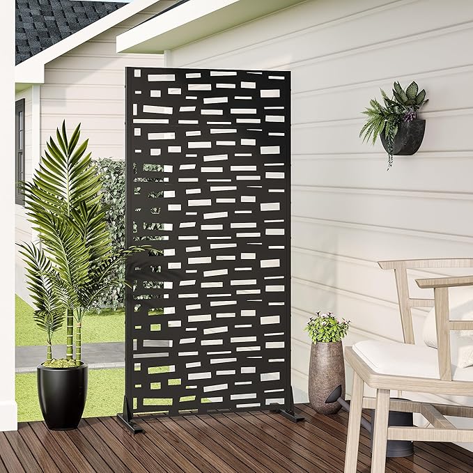 Casaphoria 72" H x 35" W Metal Outdoor Privacy Screen, Freestanding Decorative Divider for Patio, Deck, Balcony, and Garden with Stable Base, Black-Gerald